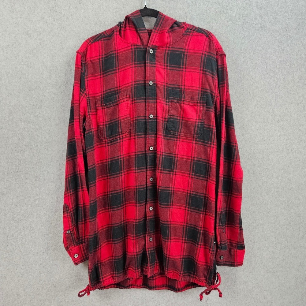 EDGAR + ASH Hooded Flannel Shirt Mens M Red Plaid Drawstring Hem Gorpcore Casual